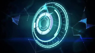 Başlangıçta holografik arayüzde yanıp sönen yay parçaları görselleştirme için dünyanın yörüngesinde dönüyordu. Fütürist, dijital, neon, soyut, teknoloji, sürükleyici, yüksek teknoloji