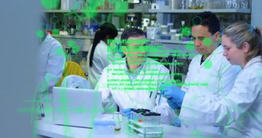 Araştırmacılar bilgisayar verilerine danışıyor sonra da laboratuvar bankında işbirliği analizi için örnekler topluyorlar. Bilim, yenilik, takım çalışması, mikroskop, kesinlik, analiz, laboratuvar