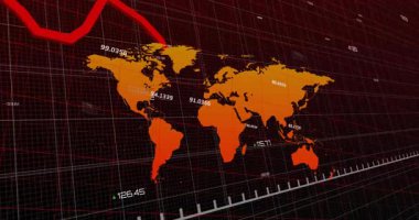 Kırmızı grafik çizgisi şebekeye giriyor ve haritada salınıyor etiketleri güncelliyor küresel eğilimleri görselleştiriyor. Veri görselleştirme, küresel analitik, finansal tablo, dijital arayüz, istatistiksel veriler, arayüz tasarımı, soyut teknoloji