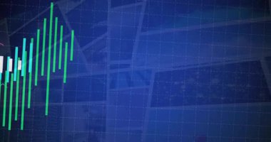 Mavi ızgara çubukları sağa doğru kırmızı eğilim çizgisine doğru hareket ettiriyor ve bağlantı hattı teknolojik tepeleri haritalıyor. Soyut, analitik, grafik, ilerleme, teknoloji, dijital, hareket