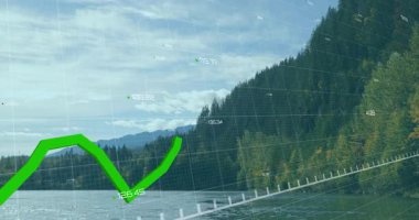 Şebeke soluyor, sonra da veriyi temsil eden sayısal etiketlerle birlikte yeşil polihat tarıyor ve dalgalanıyor. Doğa, manzara, veri görselleştirme, finansal, analitik, teknoloji, sükunet