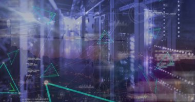 Sunucu odasındaki veri işleme ve şekillerin resmi. Küresel teknoloji, bilgisayar ve dijital arayüz kavramı dijital olarak oluşturulmuş görüntü.