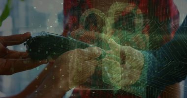 Farklı kişilerin kredi kartıyla ödeme yapması üzerine asma kilit simgesi ve siber saldırı uyarısı. Küresel teknoloji, finans ve dijital arayüz kavramı dijital olarak oluşturulmuş görüntü.