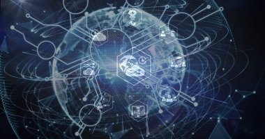 Bilgisayar devre kartının üzerindeki simgelerin ve siyah arkaplandaki kürenin resmi. Küresel iş ve dijital arayüz kavramı dijital olarak oluşturulmuş görüntü.