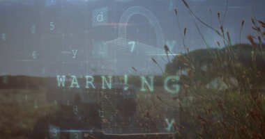 Tarama görüntüsü, virüs uyarısı ve manzara üzerindeki dijital asma kilit. Enerji, elektrik, veri işleme, güvenlik ve teknoloji konsepti dijital olarak oluşturuldu.