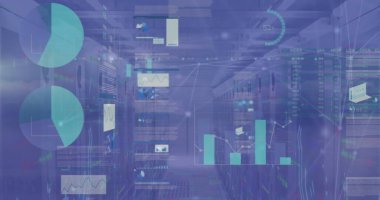 Sunucuların üzerindeki grafik ve verilerin resmi. Ağ, bağlantılar, iletişim, veri işleme ve teknoloji konsepti dijital olarak oluşturuldu.