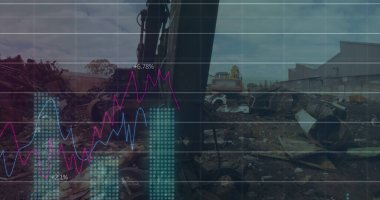 Çöp yığını üzerinde veri işleme resmi. Küresel iş ve dijital arayüz kavramı dijital olarak oluşturulmuş görüntü.