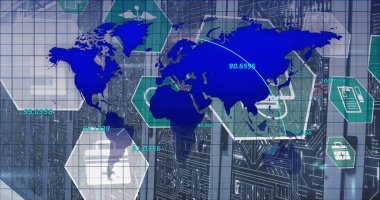 Sunucu odasındaki mikroişlemci bağlantılarına karşı tıbbi simgeler ve dünya haritası. Tıbbi araştırma ve iş depolama teknolojisi kavramı