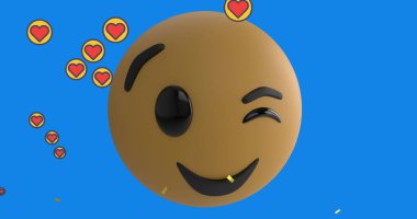 Mavi arkaplanda medya ve emoji simgeleri. Sosyal medya ve dijital arayüz konsepti dijital olarak oluşturuldu.