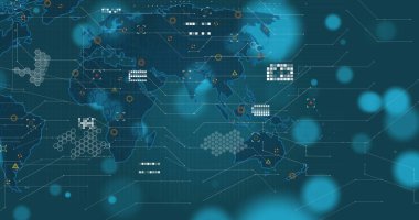 Karanlık arkaplan üzerindeki veri işleme ve bağlantı ağlarının resmi. Küresel iletişim teknolojisi dijital arayüz ve veri paylaşım konsepti dijital olarak oluşturuldu.
