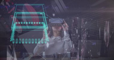 VR kulaklık kullanan kadınların veri işleme görüntüsü. Küresel iş, finans, veri işleme ve dijital arayüz kavramı dijital olarak oluşturuldu.