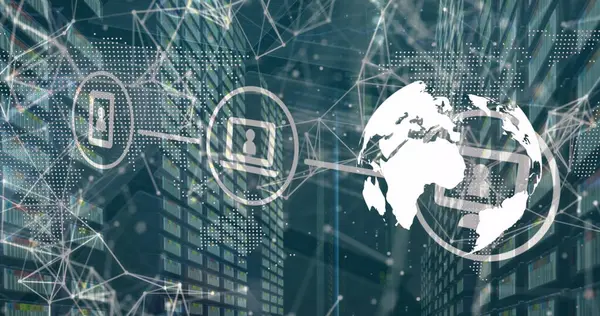 Dönen dünya ve bağlantı ağı üzerinde dijital simge ağının görüntüsü. Küresel ağ ve iş teknolojisi kavramı