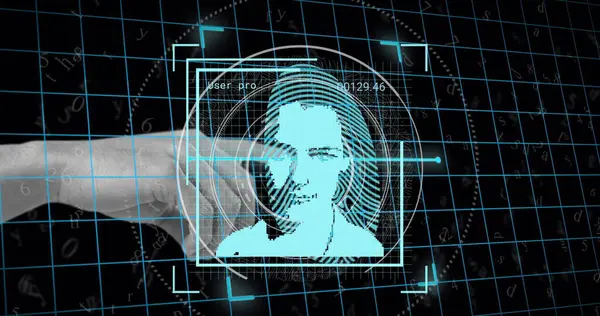 Siyah arka planda insanların portrelerini ve parmak izlerini gösteren veri işleme görüntüsü. Küresel teknoloji, bilgisayar ve dijital arayüz kavramı dijital olarak oluşturulmuş görüntü.