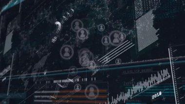 Kullanıcı simgeleri akış verileri gönderirken, bar tablosu yükselen 3D harita ortaya çıkıyor. Fütürist, dijital, sürükleyici, veri güdümlü, görselleştirme, teknoloji, analitik