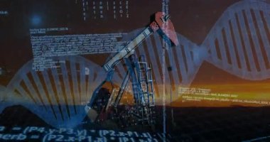 Günbatımı ufuk çizgisi 3 boyutlu helezon kullanıyor yağ pompasının arkasında dönüyor ve bu da kodun artmasına neden oluyor. Sanayi, teknoloji, dijital, makine, yenilik, fütüristik, mühendislik