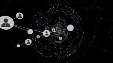 Geniş bir kullanıcı simgesi sürüklemek kablo dünyasına beyaz bağlantılar kurarak genişleyen bir ağ oluşturur. Teknoloji, bağlantı, dijital ağ, veri görselleştirme, siber, yenilik, fütüristik