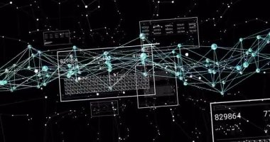 Parlak zincir görüntüye kayıyor ağ kenarları oluşturuyor, numaralar güncelleniyor, veri akışını görselleştiriyor. Gelecekçi, siber uzay, bağlantı, teknoloji, dijital arayüz, veri görselleştirmesi