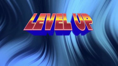 Beyaz 3D LEVEL UP metni ile başlayarak, gradyan doldurma harfleri değişen girdap kayması ilerleme gösteriyor. Dijital sanat, fütüristik, canlı, hareket, başarı, yenilik, teknoloji