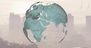 Canlandırmada, küresel bağlantıyı gösteren puslu siluet üzerinde dönen 3D küreye başlayın. Coğrafya, kentsel, dijital, ağ, altyapı, yenilik, fütürist