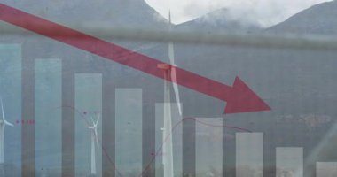 Düşen çıktıları gösteren kırmızı ok gibi dönen türbin bıçaklarını kapla. Yenilenebilir enerji, sürdürülebilirlik, veri görselleştirme, sanayi, teknoloji, çevre, ekolojik