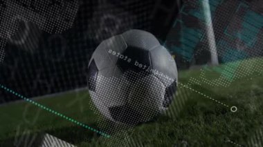 Futbol topu grafikleri, noktalı yol animasyonu oyuncu ayağı topa temas ederken spor analitiğini güncelliyor. Atletik, performans, teknoloji, spor, eğitim, ekipman, dinamik