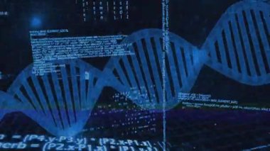 Kod arkaplanı ortaya çıktıktan sonra mavi çift sarmal sürükleniyor ve dalgalanarak veri akışını gösteriyor. Gelecek, teknoloji, yenilik, veri, siber, dijital, soyut