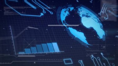 Parlayan 3D küre görüntüde kayboluyor, devre çizgileri canlandırılıyor, bar çizelgesi yükseliyor, veri eğilimlerini görselleştiriyor. Gelecek, teknoloji, yenilik, dijital, analitik, veri, hareket