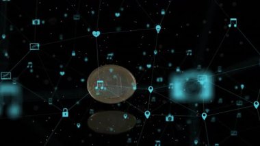 Yüzüğün mavi simgeleri yansıtması, halkanın eğilmesi ve paraların titreşim ağında döndürülmesi ile başlıyoruz. Futuristik, teknoloji, engelleme zinciri, dijital, yenilik, soyut, ağ