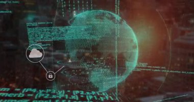 Bulanık ufuk çizgisinde yeşil kod, dönen kablo küresi ve ekosistemi birbirine bağlayan ikonlar açılıyor. Siber güvenlik, ağ, yenilik, teknoloji, dijital, bağlantı, güvenlik