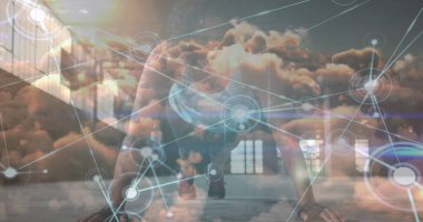 Dışarıda egzersiz yapan kadın ve erkek arasındaki bağlantıların görüntüsü. Küresel spor yarışması ve bağlantı konsepti dijital olarak oluşturulmuş görüntü.