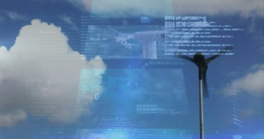 Elektrik yel değirmeninin üzerindeki finansal veri işleme resmi. Elektrik, enerji ve güç dağılımı dijital olarak oluşturulmuş görüntü.