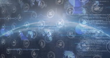 Dünya üzerindeki teknoloji simgeleri ve veri işleme. Veri işleme, küresel ağ ve teknoloji konsepti dijital olarak oluşturulmuş görüntü.