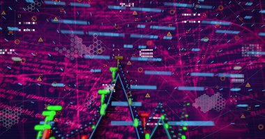 Mavi arkaplanda veri işleme resmi. küresel iş ve dijital arayüz kavramı dijital olarak oluşturulmuş görüntü.