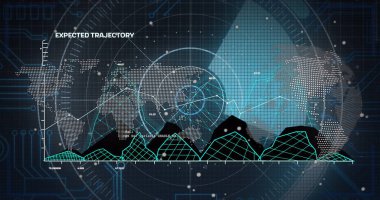 Donanma arka planında radar, grafikler ve dünya haritası. Veri işleme ve teknoloji konsepti dijital olarak oluşturuldu.