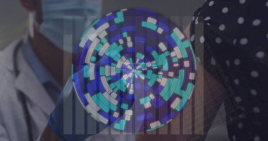 Kafkas erkek doktor ve hasta üzerinde veri işleme görüntüsü. Küresel tıp ve dijital arayüz kavramı dijital olarak oluşturulmuş görüntü.