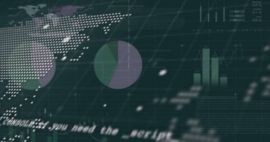 Dünya haritası, veriler, grafikler ve kara fon hakkındaki finansal veriler. Küresel ağ, iletişim, finans ve teknoloji konsepti dijital olarak oluşturuldu.