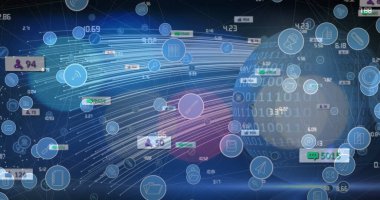 Veri işleme üzerine simgelerle bağlantı ağının resmi. Bilgisayar arayüzü ve teknoloji kavramı.