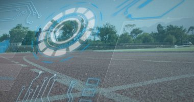 Fiziksel engelli Afrikalı Amerikalı erkeklerin dijital arayüz görüntüsü. Küresel spor, dijital arayüz ve veri işleme kavramı dijital olarak oluşturulmuş görüntü.