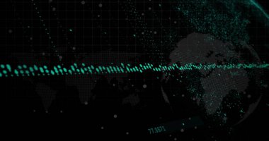 Dünya haritası üzerinde veri işlemenin dijital görüntüsü ve dönen küre ile siyah arkaplan. Bilgisayar arayüzü ve iş teknolojisi kavramı