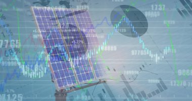 Güneş paneli üzerinden finansal veri işleme görüntüsü. Elektrik, enerji ve güç dağılımı dijital olarak oluşturulmuş görüntü.