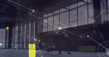 Afrika kökenli Amerikalı bir kadının egzersiz yaparken ki görüntüsü. Küresel iş ve dijital arayüz kavramı dijital olarak oluşturulmuş görüntü.