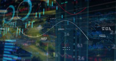 Dünya haritası ve çeşitli veriler üzerindeki finansal verilerin resmi. Küresel iş, finans, para ve ekonomi kavramı dijital olarak oluşturulan imaj.