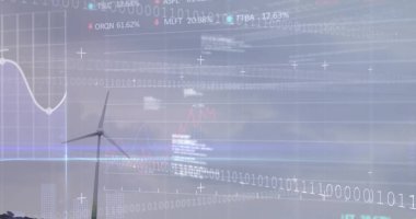 Elektrik yel değirmeninin üzerindeki finansal veri işleme resmi. Elektrik, enerji ve güç dağılımı dijital olarak oluşturulmuş görüntü.