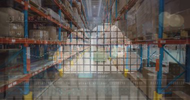 Mali grafiklerin ve deponun üzerindeki saatin resmi. İş, finans ve dağıtım hizmetleri konsepti dijital olarak oluşturulmuş imaj.