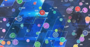 Dünya üzerindeki simgelerle bağlantı ağının resmi. Küresel bilim, bağlantılar, veri işleme ve dijital arayüz kavramı dijital olarak oluşturuldu.