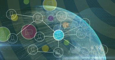 Dünya üzerinde simgeleri ve çizgili arkaplanı olan bir ağ resmi. Veri işleme, küresel ağ ve teknoloji konsepti dijital olarak oluşturulmuş görüntü.