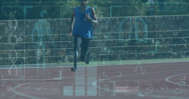 Bıçak eğitimi almış Afrikalı Amerikalı bir adamın dijital ekrandaki görüntüsü. Engelli spor, aktif yaşam tarzı ve dijital olarak oluşturulmuş veri işleme konsepti.