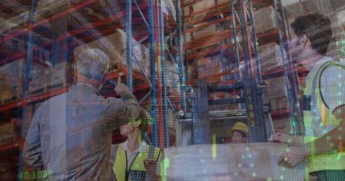 Kafkas erkek depo çalışanlarının mali verileri. İş, finans, teknoloji ve dağıtım hizmetleri kavramı dijital olarak oluşturulmuş imaj.