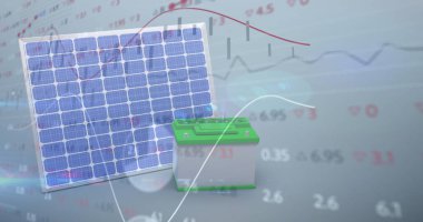 Güneş panelleri üzerinden finansal veri ve grafikler. Ekoloji, yeşil enerji, eko güç ve teknoloji konsepti dijital olarak oluşturulmuş görüntü.