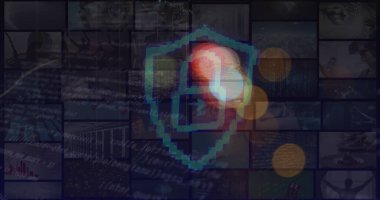 Dijital asma kilit ve karanlık uzay üzerindeki bulanık trafik ışıkları görüntüsü. Veri işleme, dijital ekran, ağ güvenliği ve teknoloji konsepti dijital olarak oluşturulmuş görüntü.